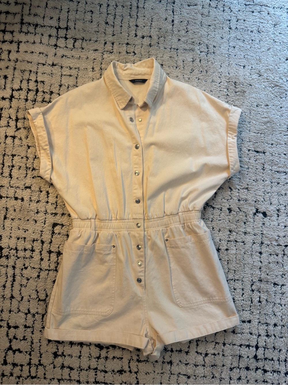 Casual Button-Front Short Sleeve Romper in Light Beige